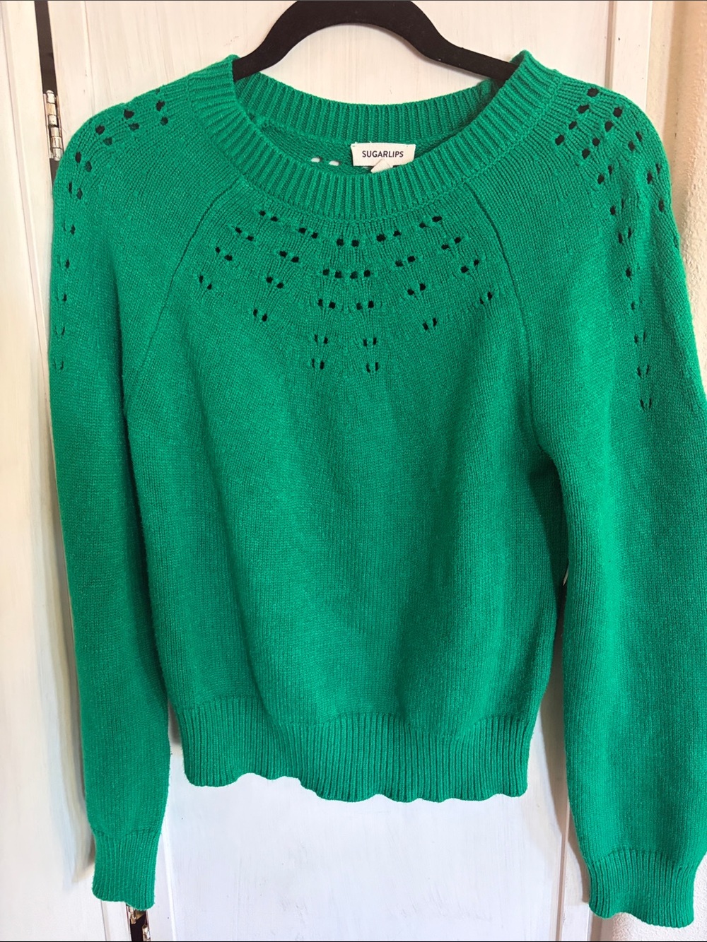 Sugarlips Emerald Green Eyelet Knit Crewneck Sweater sz M